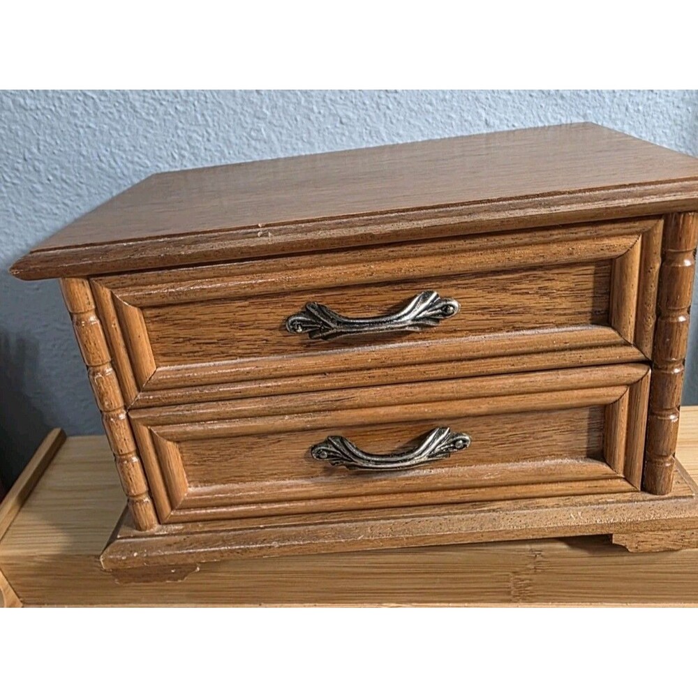 Vintage Wooden Jewelry Box Musical Mirror Lined Compartments Drawer Signed Video